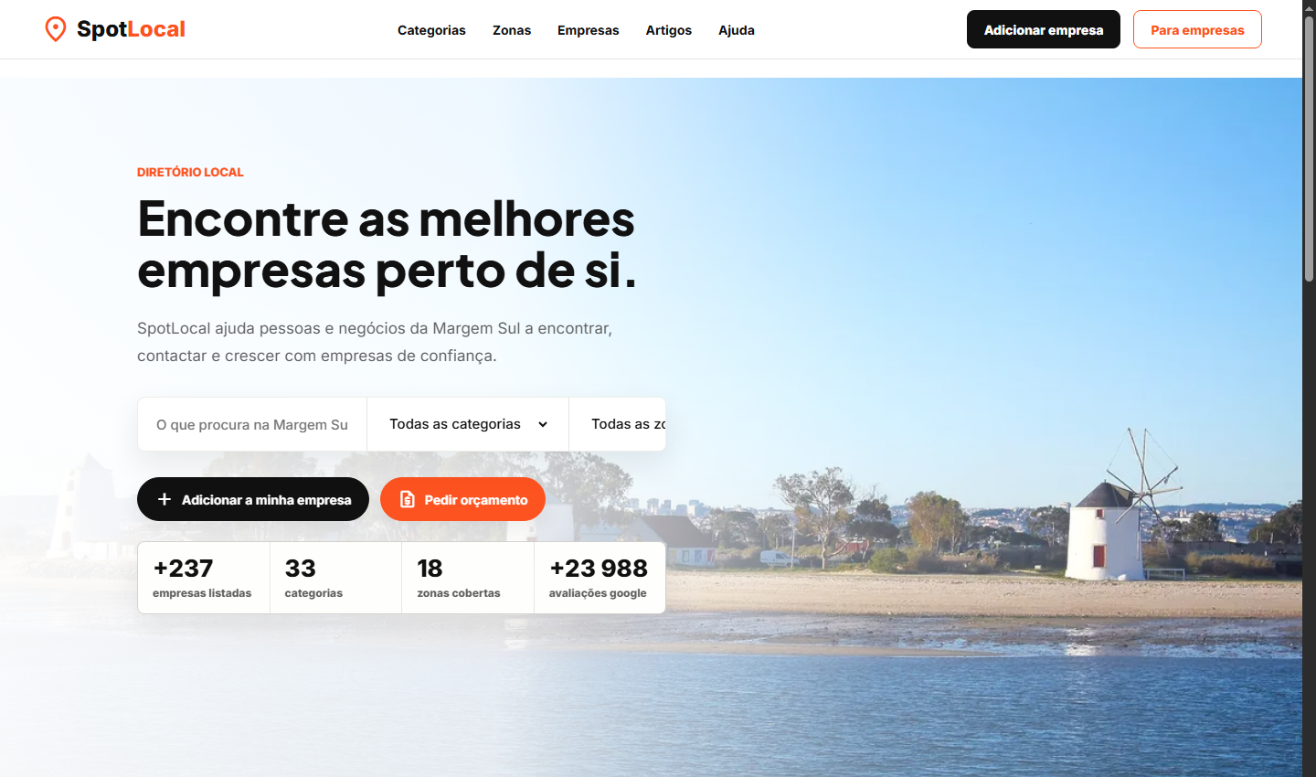 Homepage do SpotLocal em desktop com pesquisa local e imagem da Margem Sul