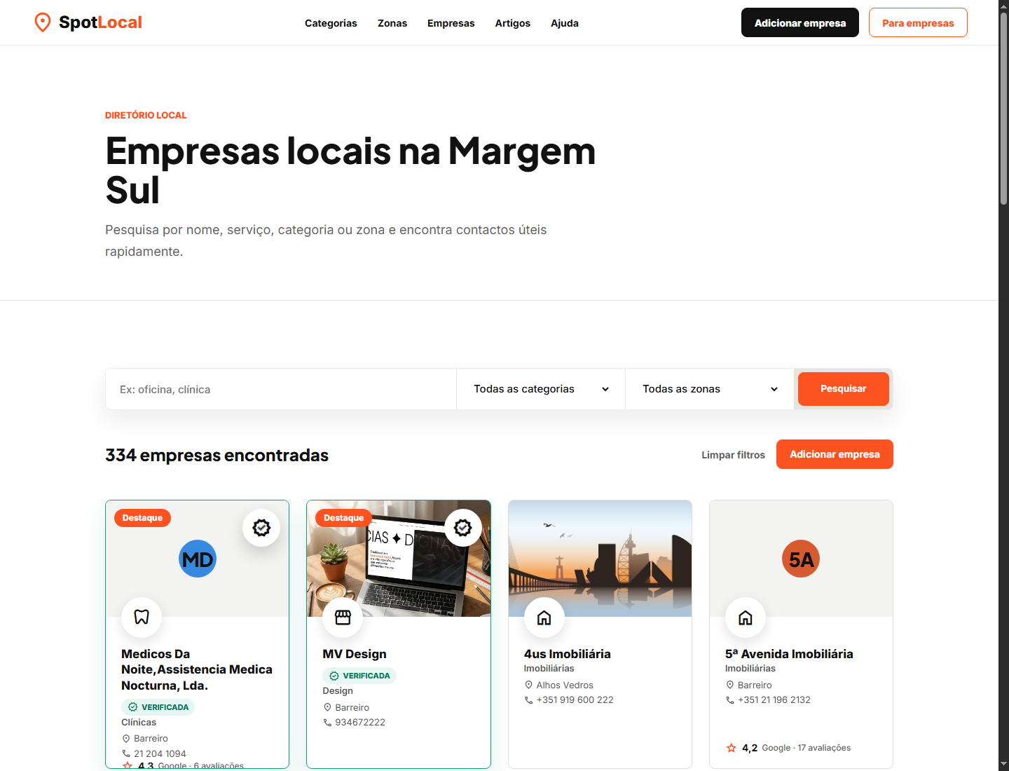 Listagem de empresas locais no SpotLocal com filtros e cards de contacto