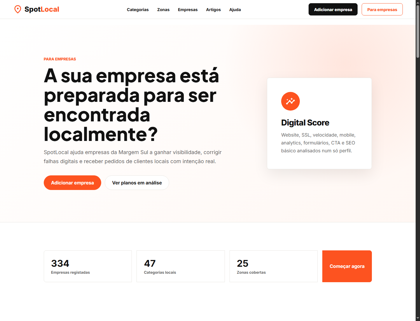 Página para empresas do SpotLocal com proposta comercial e métricas da plataforma