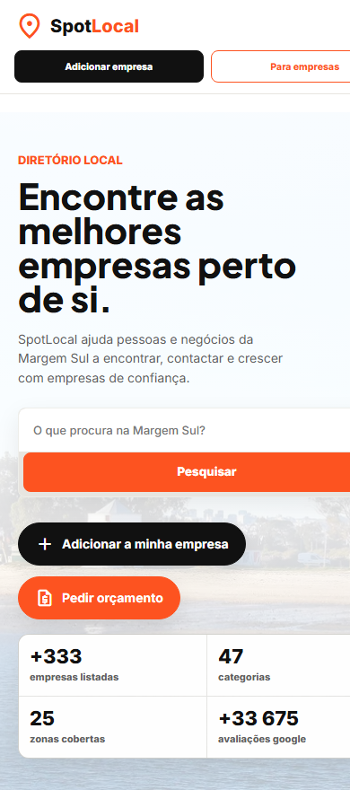 Homepage mobile do SpotLocal com pesquisa e chamadas para ação